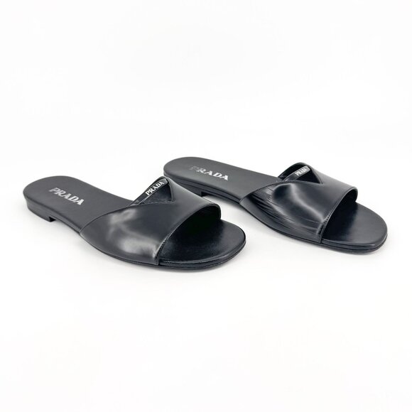 Prada Black Leather Triangle Logo Cutout Mule Slide Sandal Flat Size 39.5 US 9.5 - Picture 1 of 15